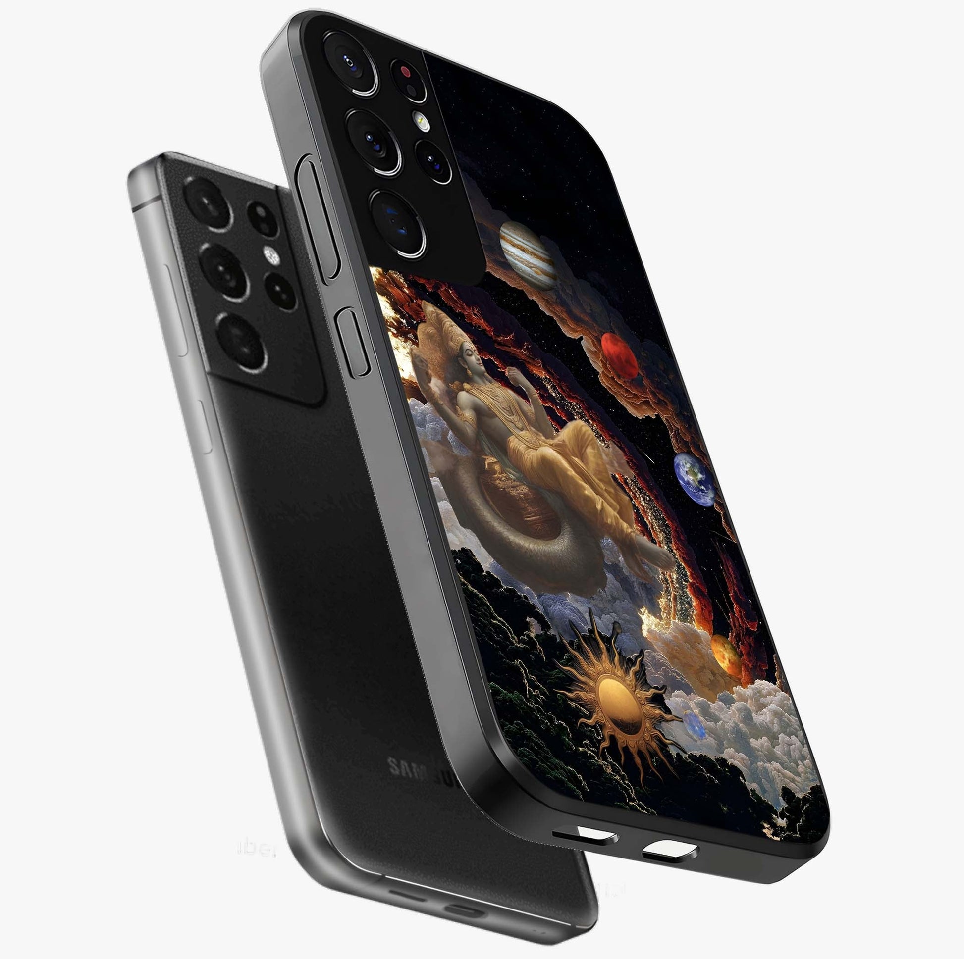 Galactic Divine God Glass Case displayed in angled mockup highlighting powerful celestial deity illustration with galactic aesthetic.