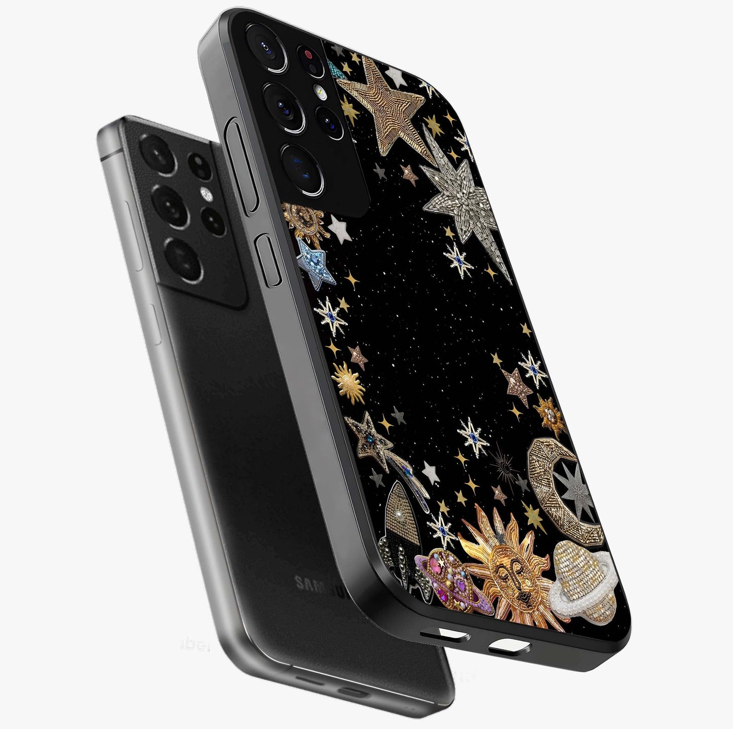 Galactic Jewel Stars Glass Case displayed in angled mockup highlighting shining celestial star design with cosmic aesthetic style.