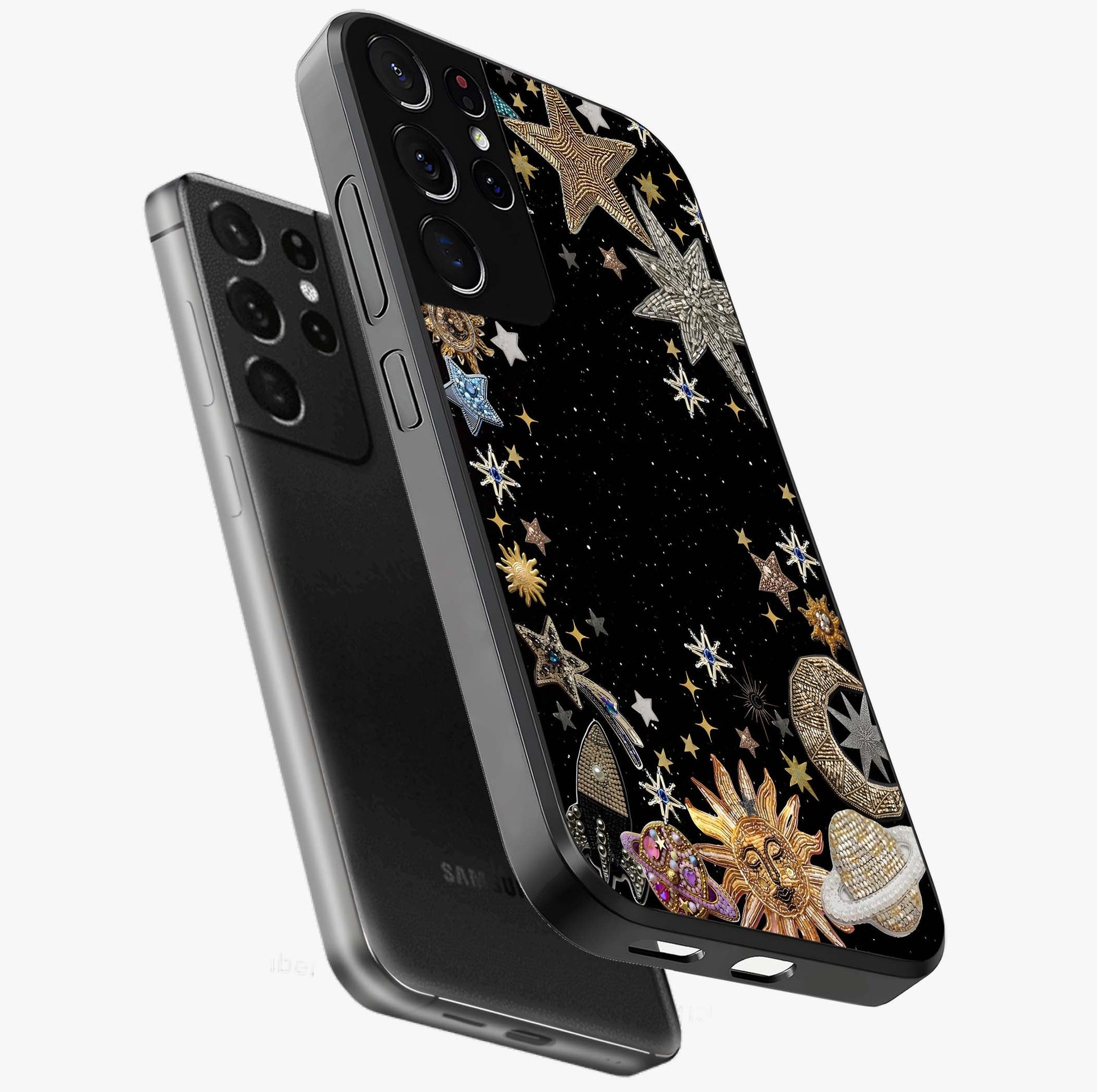 Galactic Jewel Stars Glass Case displayed in angled mockup highlighting shining celestial star design with cosmic aesthetic style.