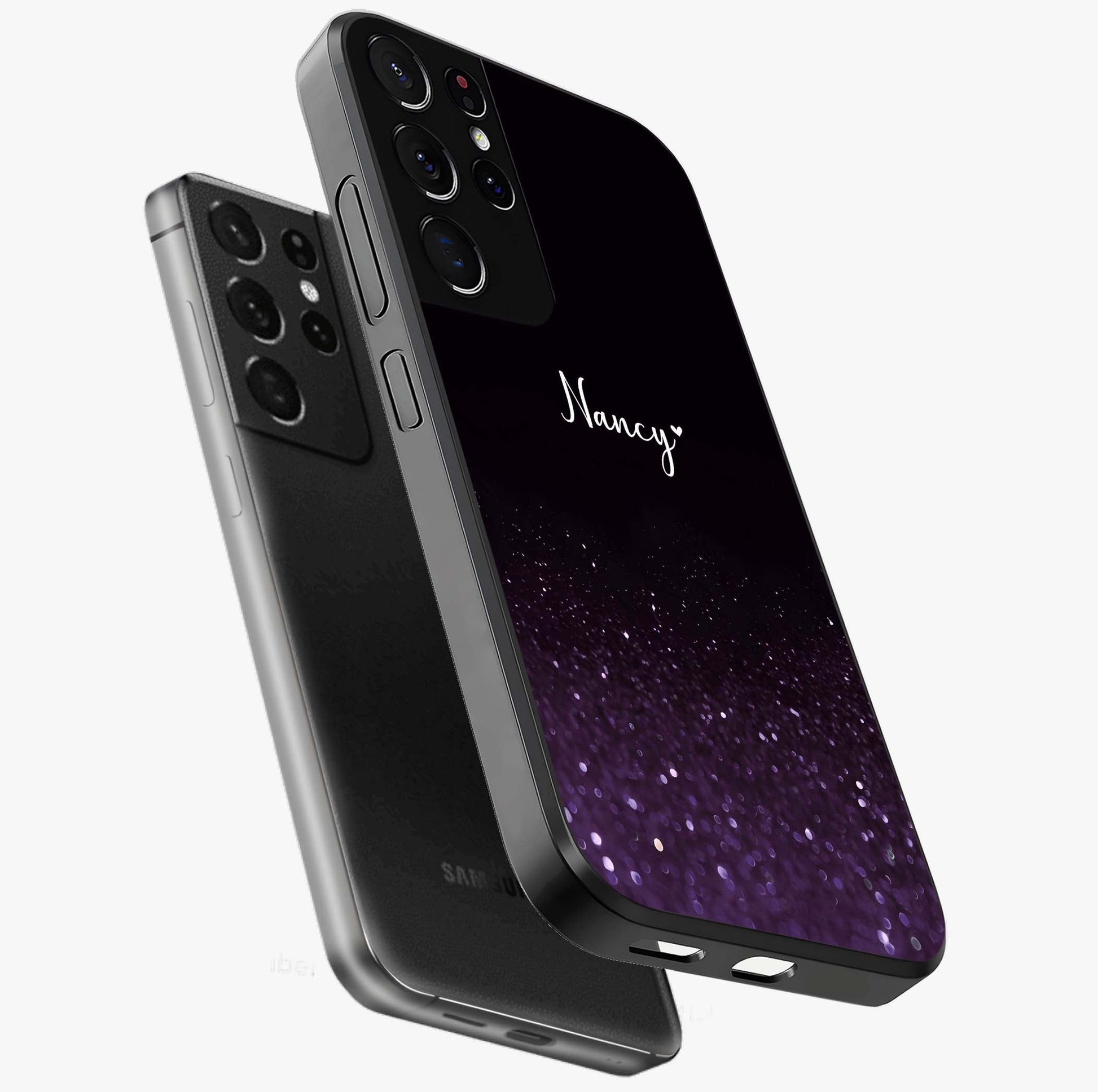 Glittery Purple Bokeh Custom Name Glass Case displayed in angled mockup highlighting glitter bokeh pattern with custom name feature.