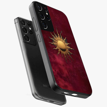 Golden Sun Minimalism Glass Case displayed in angled mockup highlighting clean sun symbol design with modern minimal aesthetic.