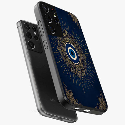 Golden Celestial Charm Glass Case displayed in angled mockup highlighting sparkling cosmic charm design with celestial aesthetic.