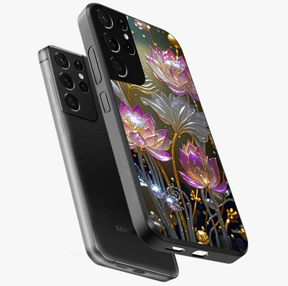 Golden Floral Majesty Glass Case displayed in angled mockup highlighting elegant flower design with royal golden aesthetic.