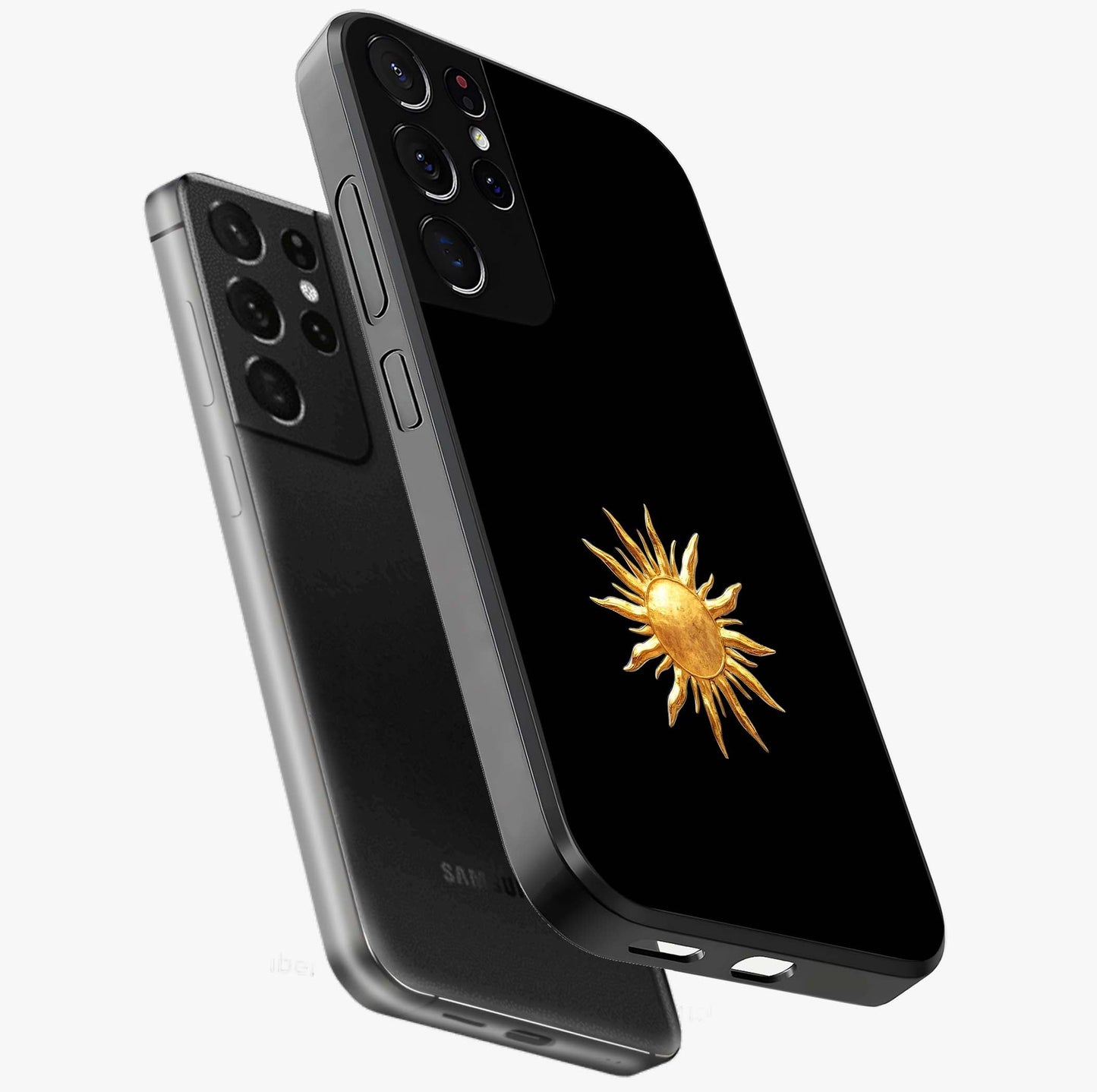 Golden Sun Minimalism Glass Case displayed in angled mockup highlighting eerie shadow illustration with gothic aesthetic.