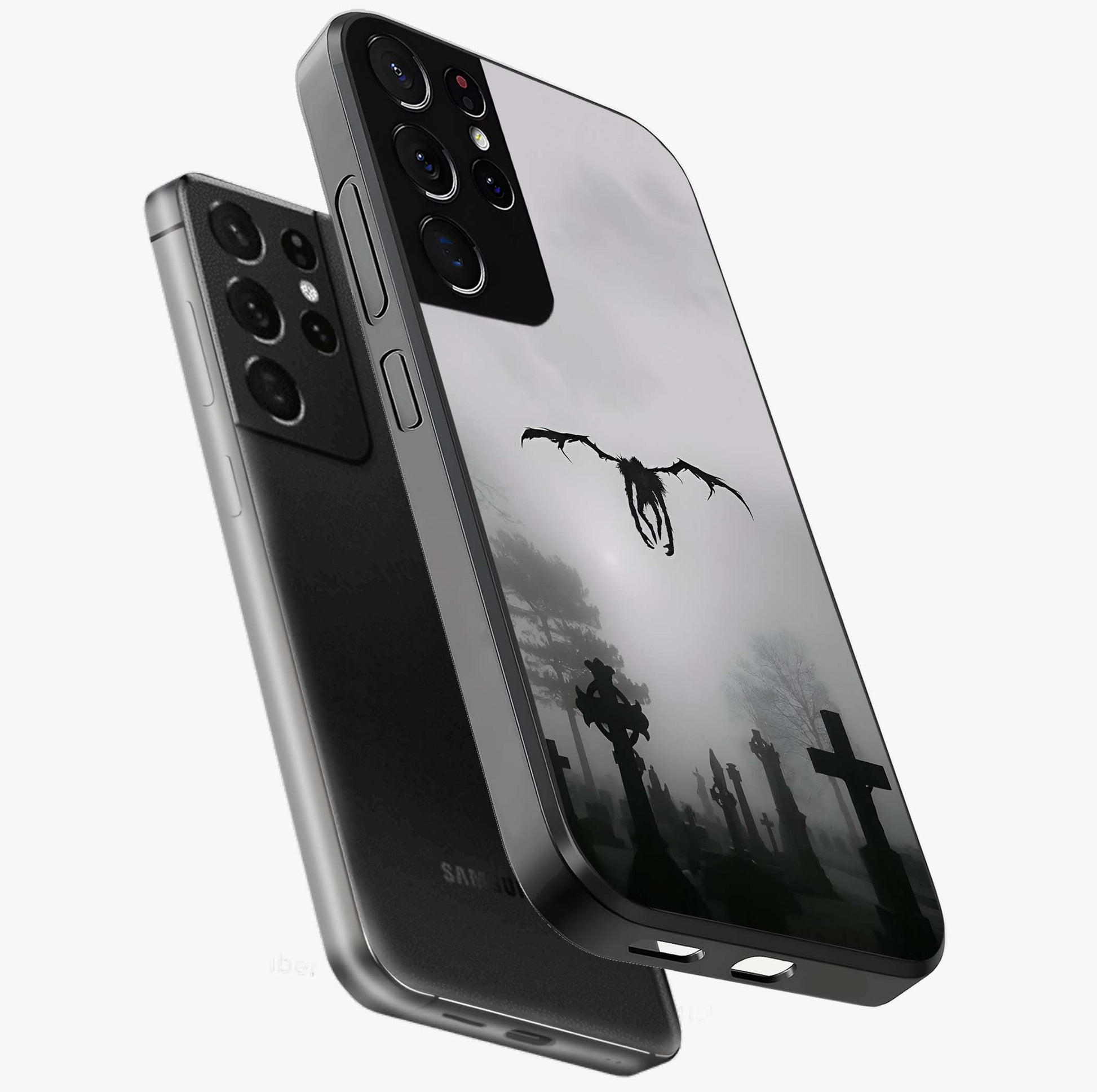 Graveyard Shadow Descent Glass Case displayed in angled mockup highlighting eerie shadow illustration with gothic aesthetic.