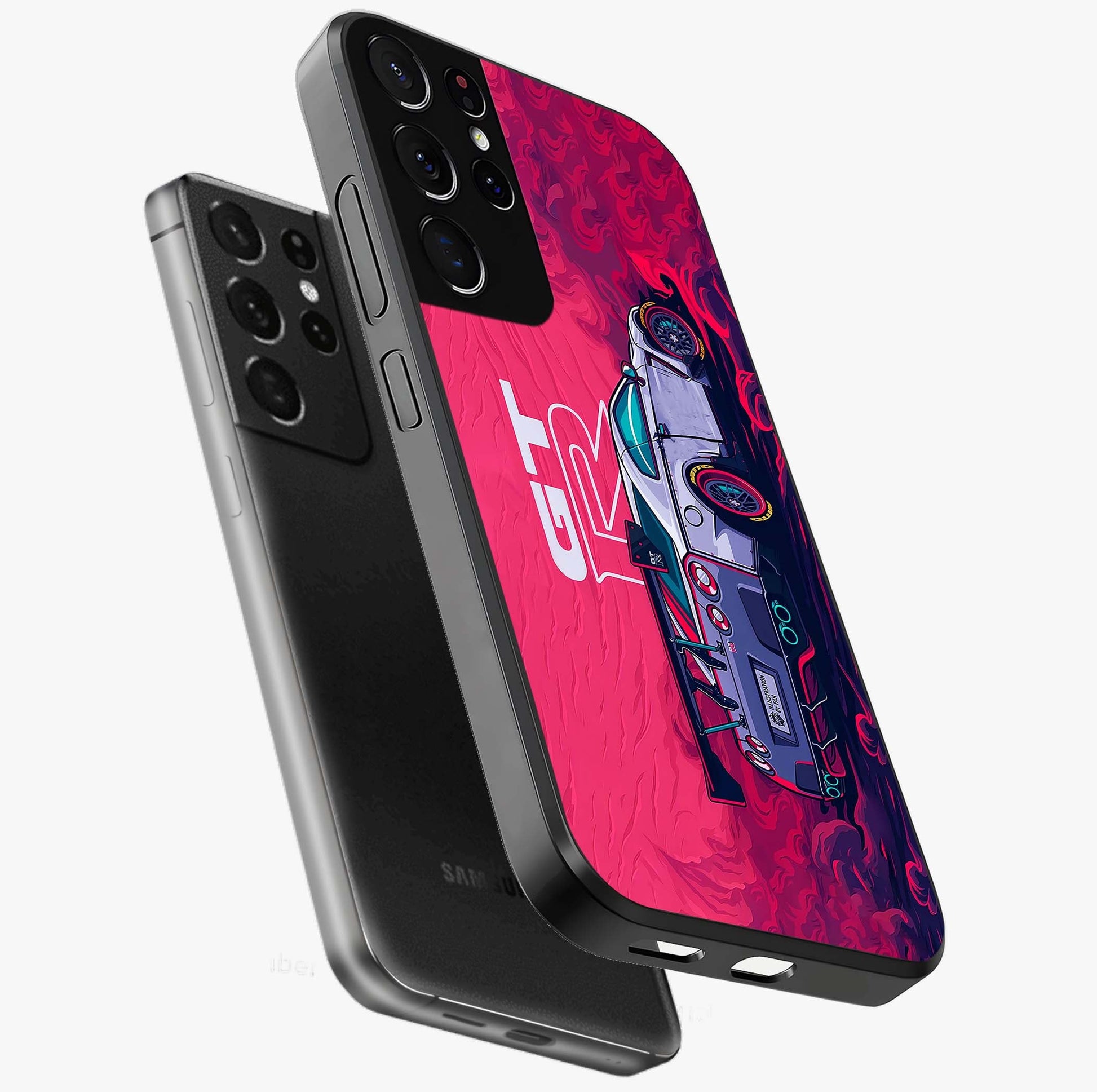 GT-R Car Pattern Glass Case displayed in angled mockup highlighting racing car graphic design with bold automotive aesthetic.