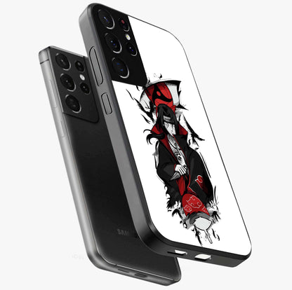 Itachi Limited Edition Naruto Anime Glass Case displayed in angled mockup highlighting dramatic anime illustration with bold action aesthetic.