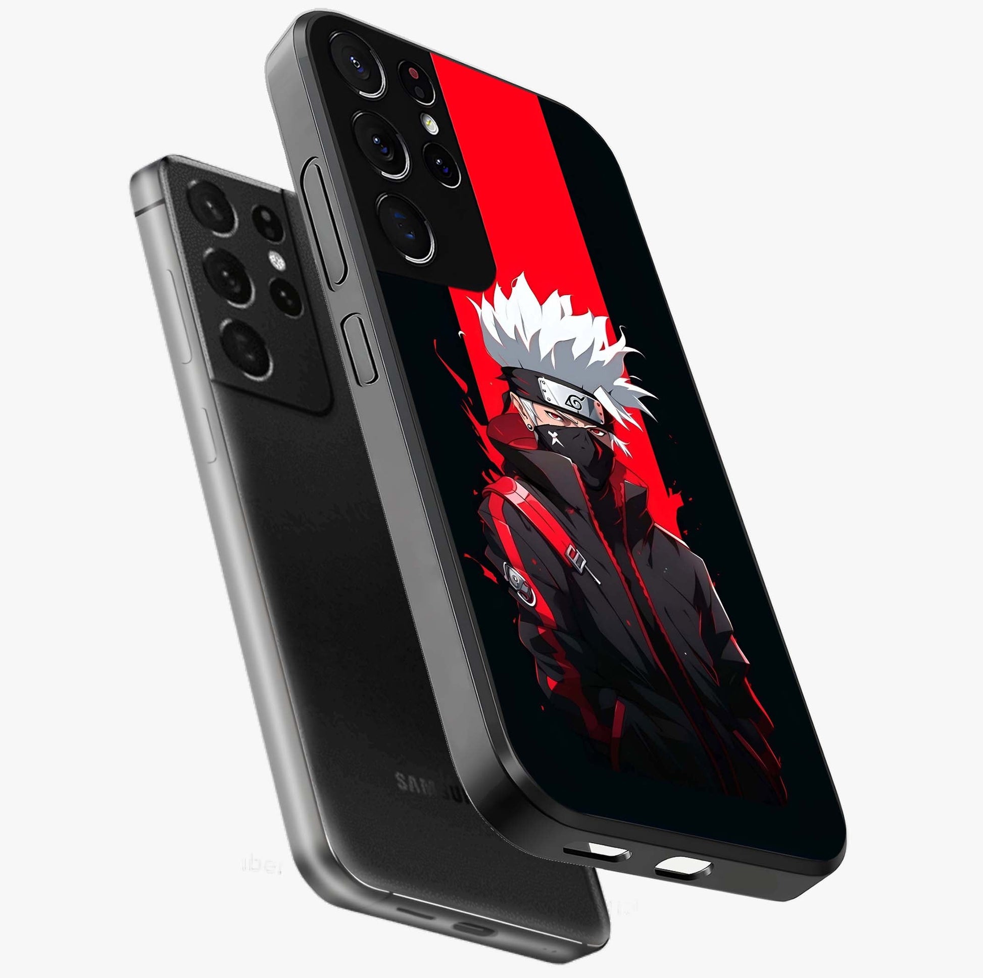 Kakashi Scarlet Shadow Glass Case displayed in angled mockup highlighting dramatic ninja illustration with scarlet themed aesthetic.