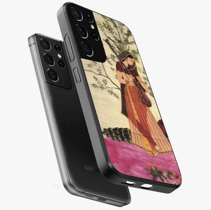 Lady With Veena Art Glass Case displayed in angled mockup highlighting graceful musical illustration with cultural artistic aesthetic.
