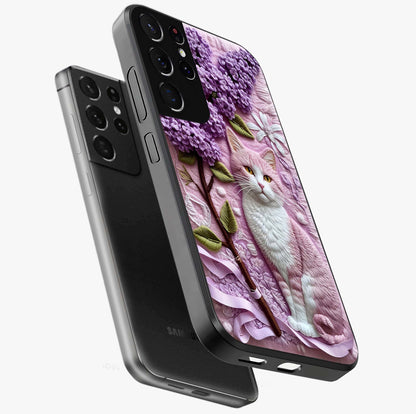 Lavender Cat Whimsy Glass Case displayed in angled mockup highlighting playful feline illustration with pastel lavender aesthetic.