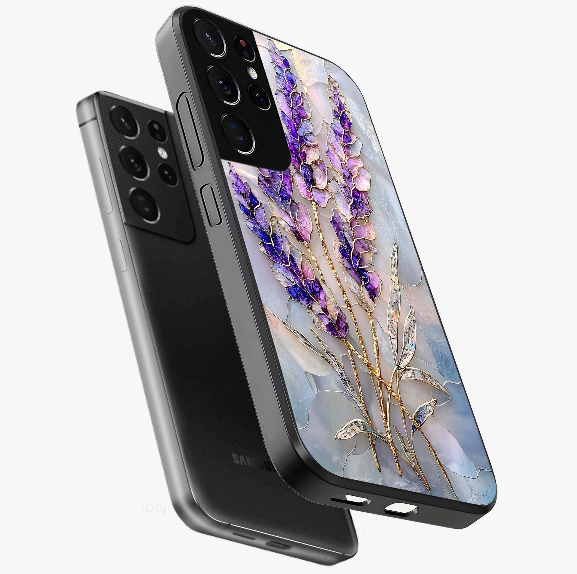 Lavender Dream Glow Glass Case displayed in angled mockup highlighting dreamy purple glow design with soft artistic style.