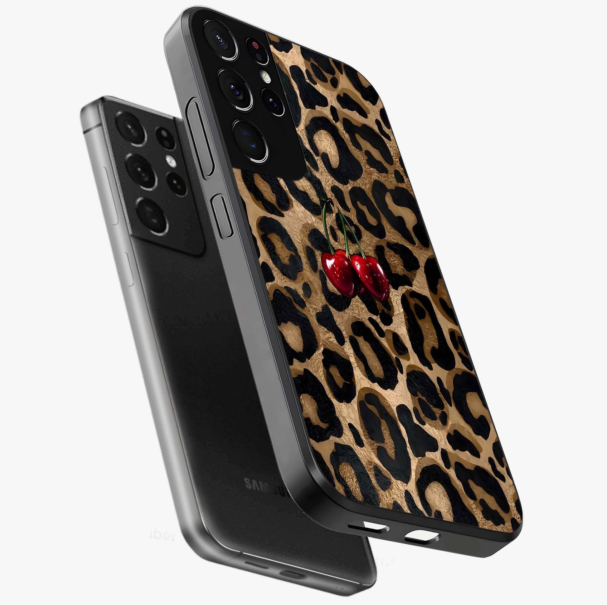 Leopard Wild Cherry Glass Case displayed in angled mockup highlighting bold animal print design with playful cherry aesthetic.