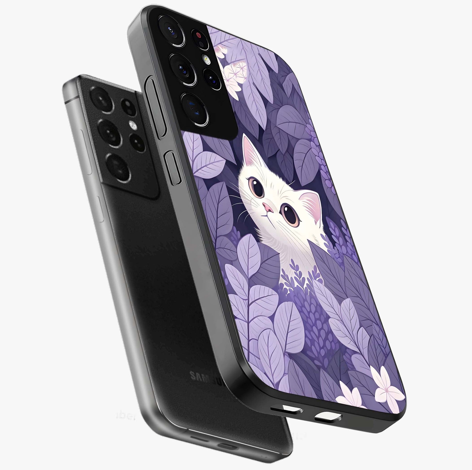 Lilac Hide Peek Cat Glass Case displayed in angled mockup highlighting playful feline illustration with lilac aesthetic design.