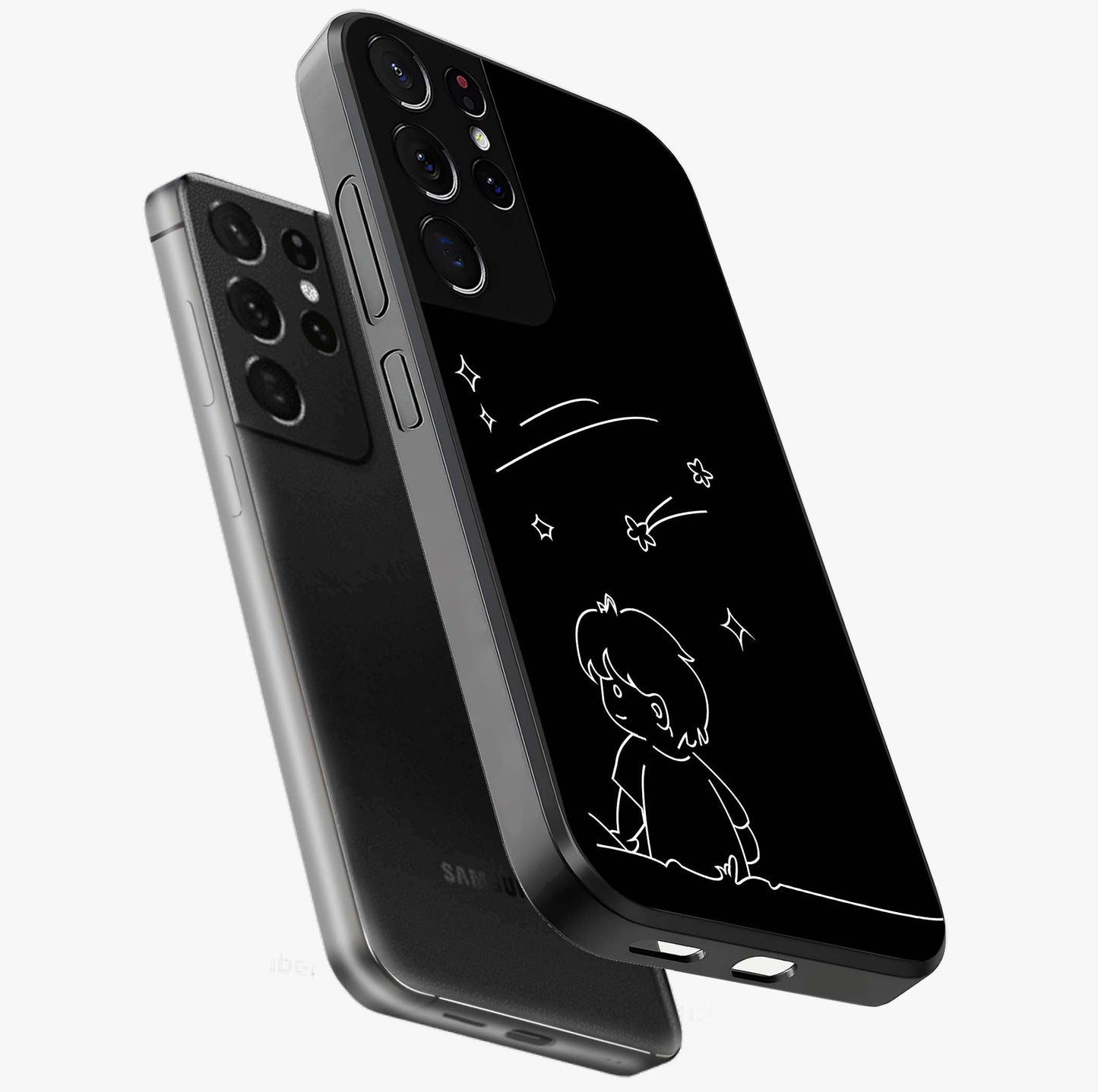Line Art Boy With Shooting Stars Glass Case displayed in angled mockup highlighting elegant line art design with dreamy star aesthetic.