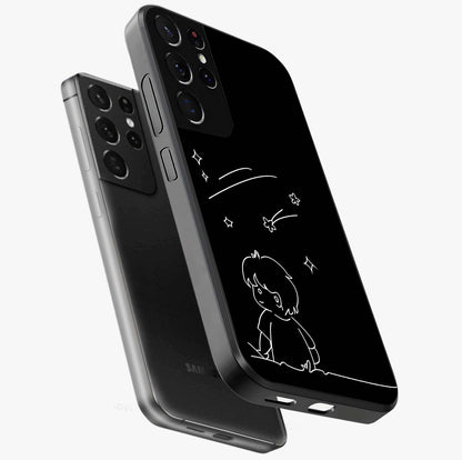 Line Art Boy With Shooting Stars Glass Case displayed in angled mockup highlighting elegant line art design with dreamy star aesthetic.