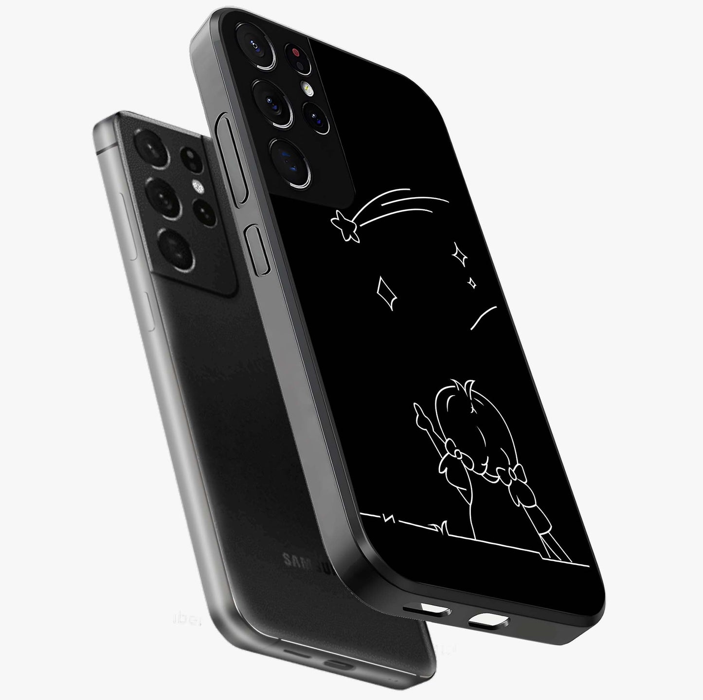 Line Art Girl With Shooting Stars Glass Case displayed in angled mockup highlighting elegant line art design with dreamy star aesthetic.
