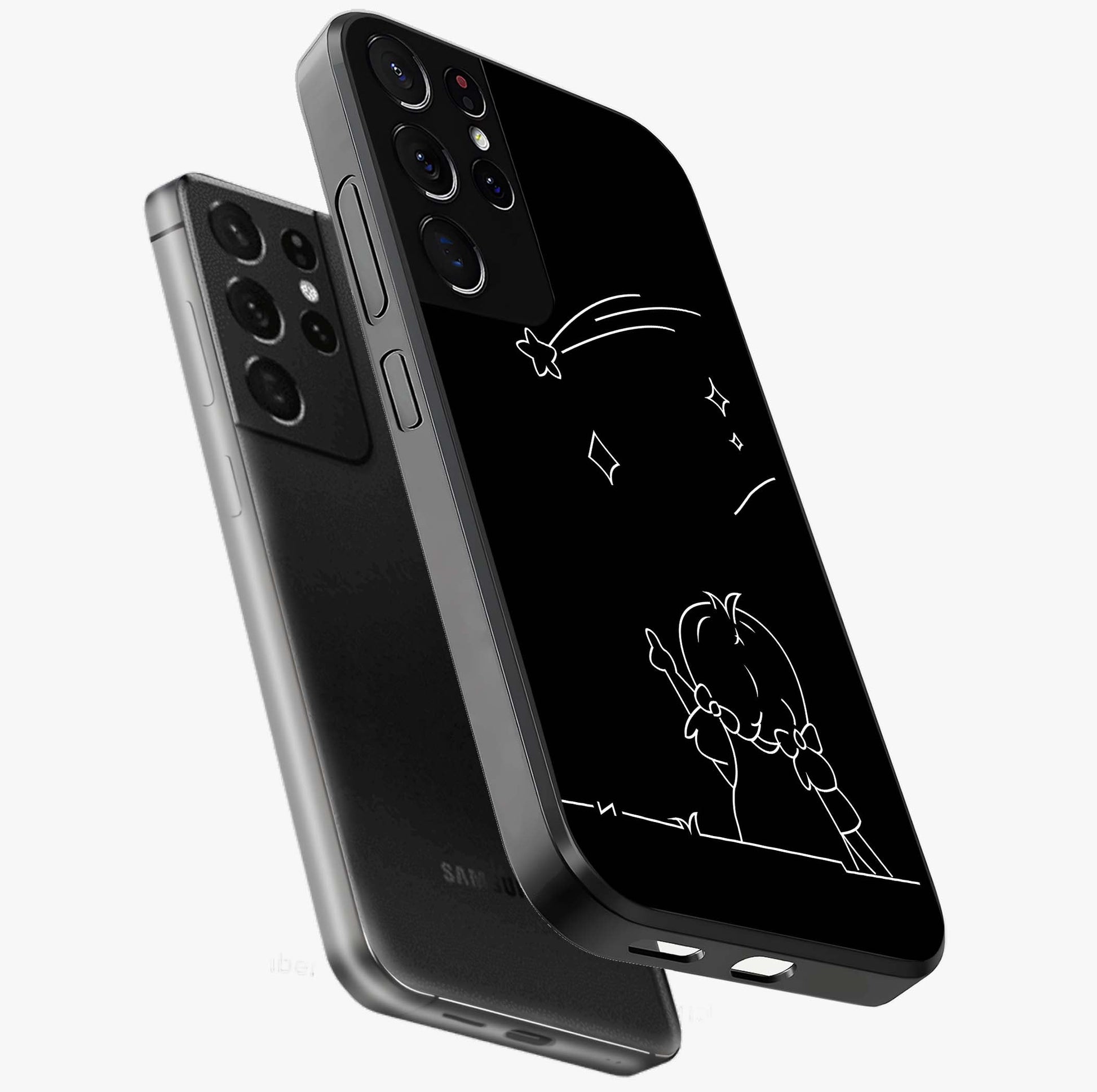 Line Art Girl With Shooting Stars Glass Case displayed in angled mockup highlighting elegant line art design with dreamy star aesthetic.