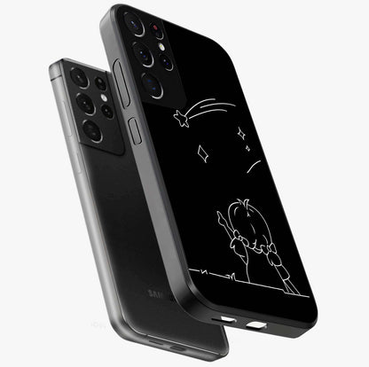 Line Art Girl With Shooting Stars Glass Case displayed in angled mockup highlighting elegant line art design with dreamy star aesthetic.