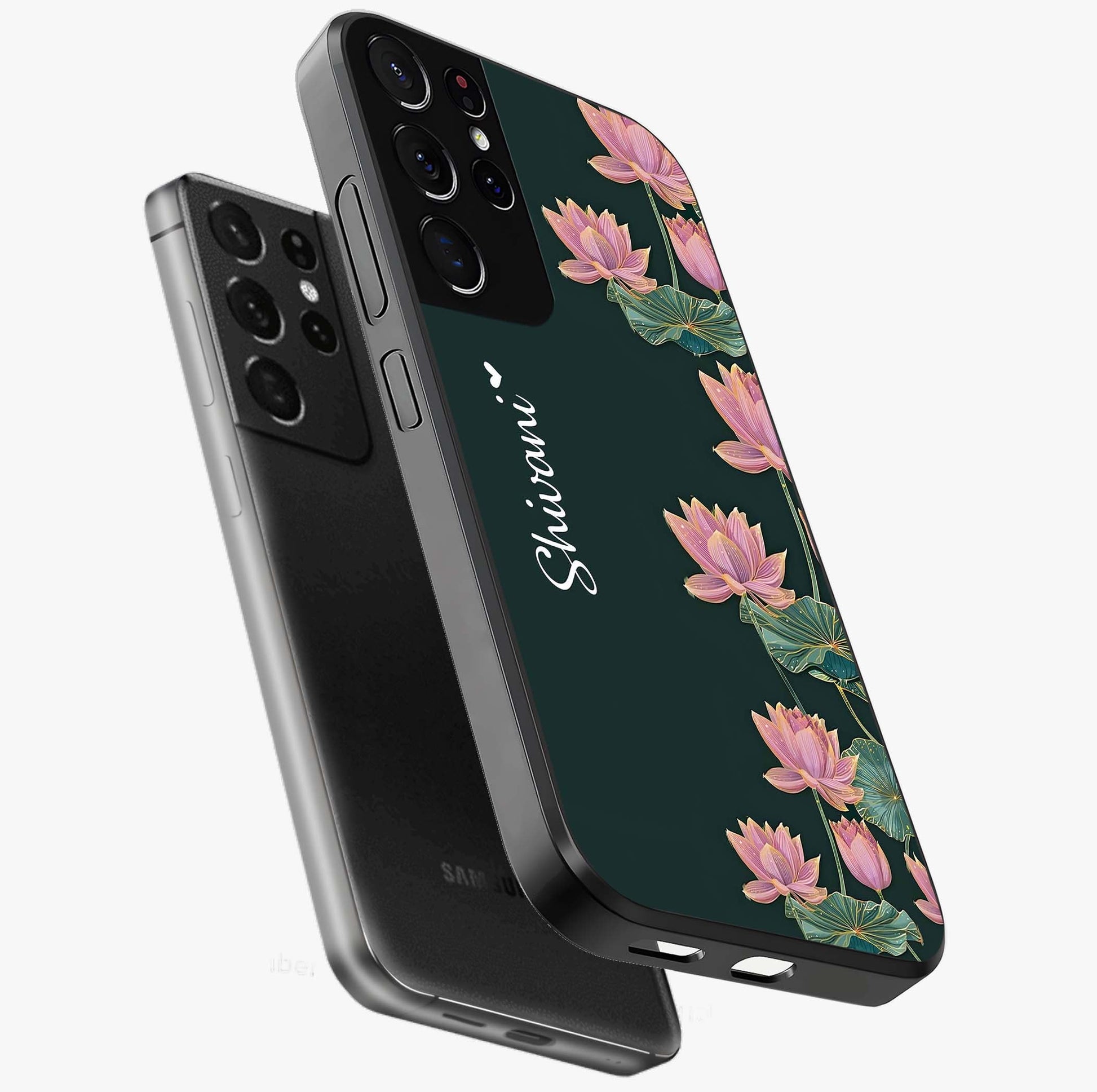 Lotus Bloom Serenity Custom Name Glass Case displayed in angled mockup highlighting graceful lotus illustration with custom name feature.