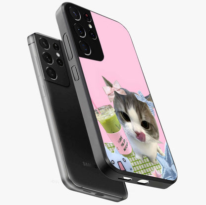 Love Matcha Cat Glass Case displayed in angled mockup highlighting playful feline illustration with cozy matcha aesthetic.