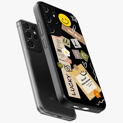 Lucky Aesthetic Collage Glass Case displayed in angled mockup highlighting stylish collage pattern with modern aesthetic vibe.