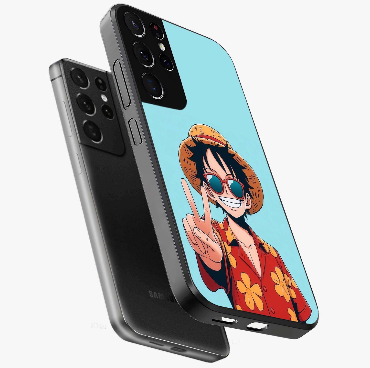Luffy Summer Anime Vibe Glass Case displayed in angled mockup highlighting energetic anime illustration with summer vibe aesthetic.