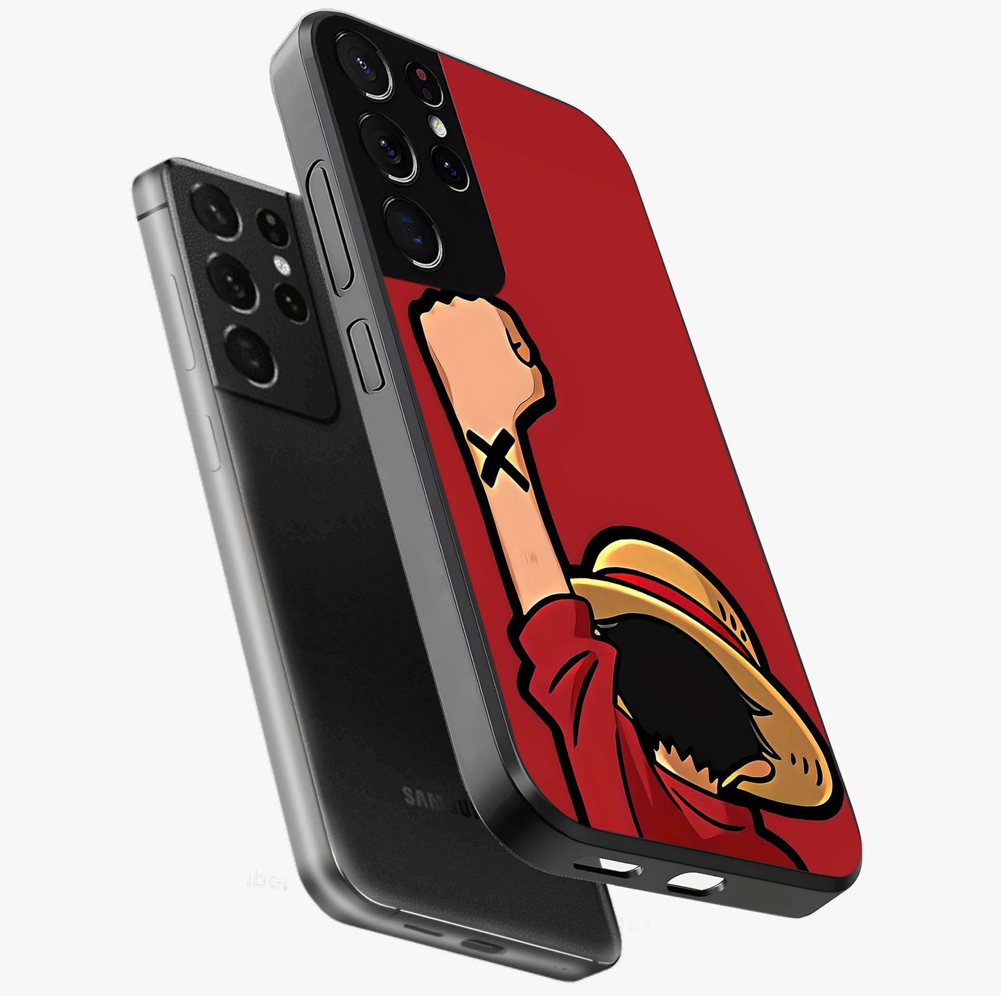Luffy X Spirit Glass Case displayed in angled mockup highlighting powerful anime design with energetic action aesthetic.