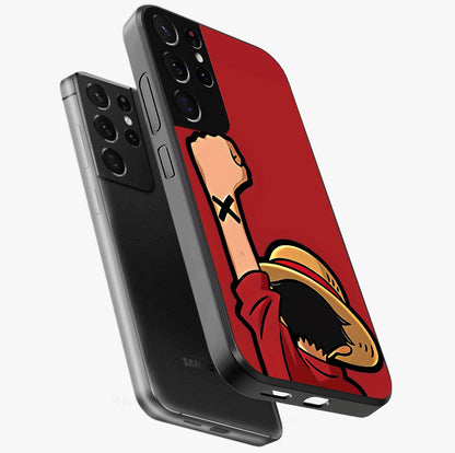 Luffy X Spirit Glass Case displayed in angled mockup highlighting powerful anime design with energetic action aesthetic.