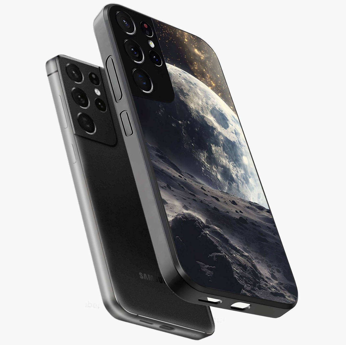 Lunar Horizon Glow Glass Case displayed in angled mockup highlighting celestial moon design with dreamy night aesthetic.