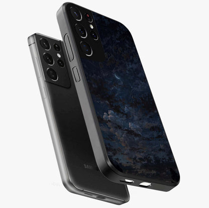 Lunar Veil Silence Glass Case displayed in angled mockup highlighting soft lunar design with peaceful celestial aesthetic.