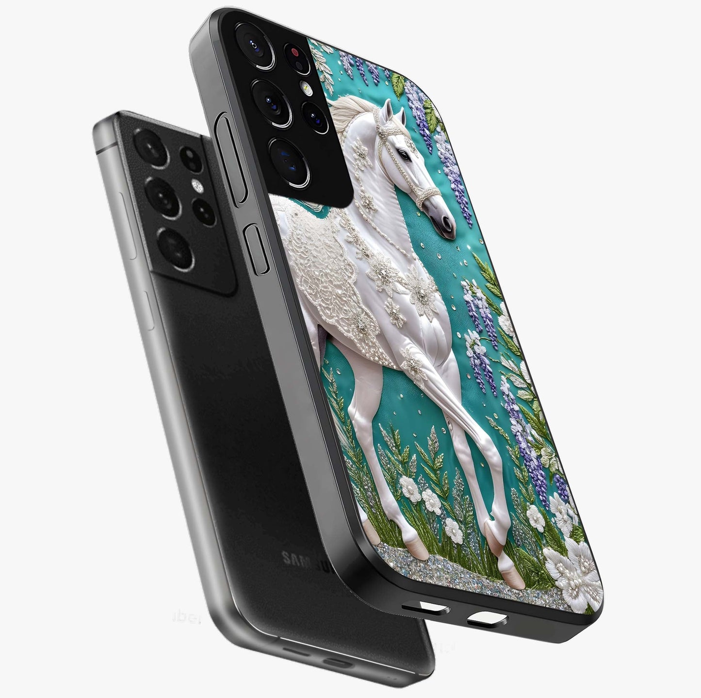 Majestic Floral Stallion Glass Case displayed in angled mockup highlighting majestic stallion illustration with elegant floral aesthetic.