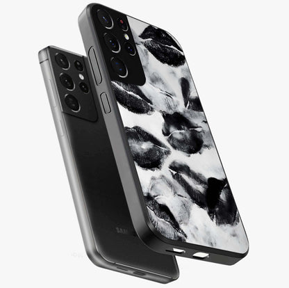 Midnight Kiss Marks Glass Case displayed in angled mockup highlighting playful romantic design with bold midnight aesthetic.