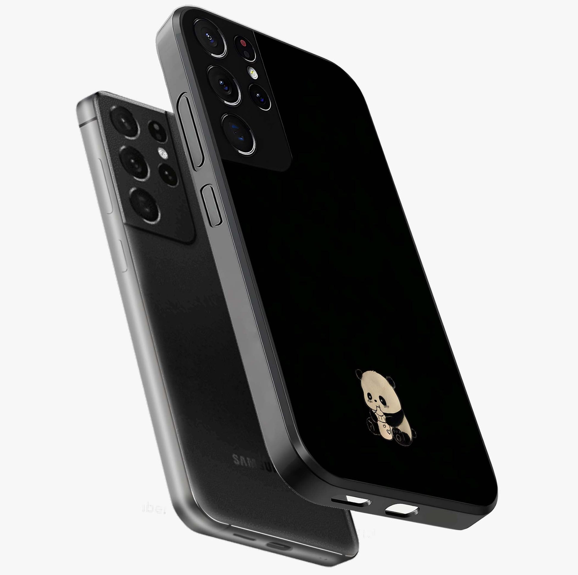 Midnight Panda Love Glass Case displayed in angled mockup highlighting adorable panda illustration with midnight aesthetic.
