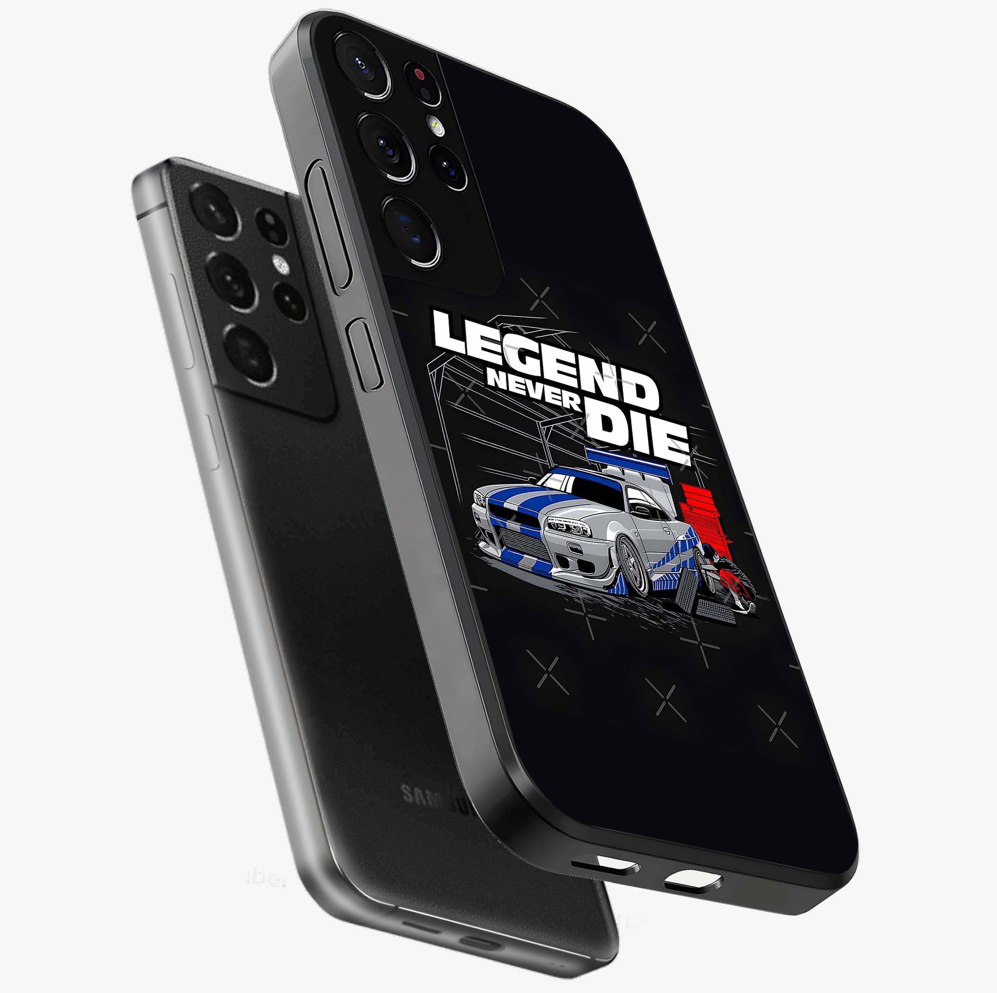 Midnight Racing Legacy Glass Case displayed in angled mockup highlighting dynamic automotive design with bold midnight aesthetic.