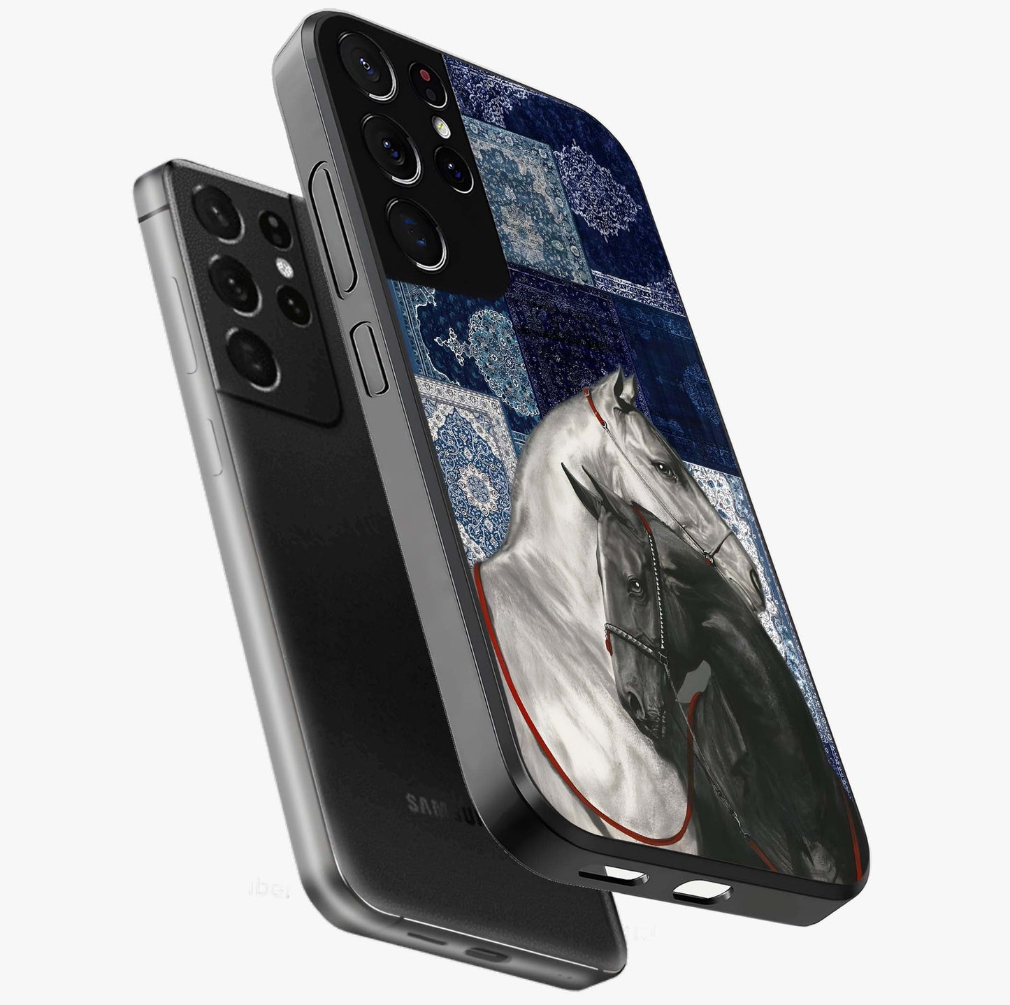 Midnight Stallion Blues Glass Case displayed in angled mockup highlighting powerful stallion illustration with deep midnight tones.