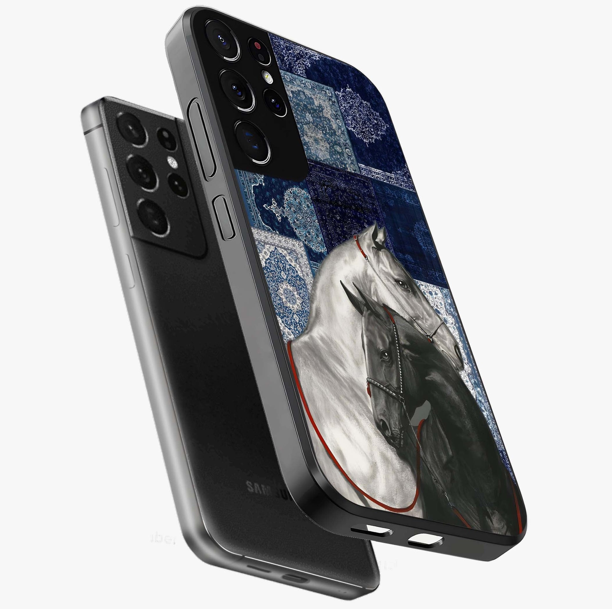 Midnight Stallion Blues Glass Case displayed in angled mockup highlighting powerful stallion illustration with deep midnight tones.