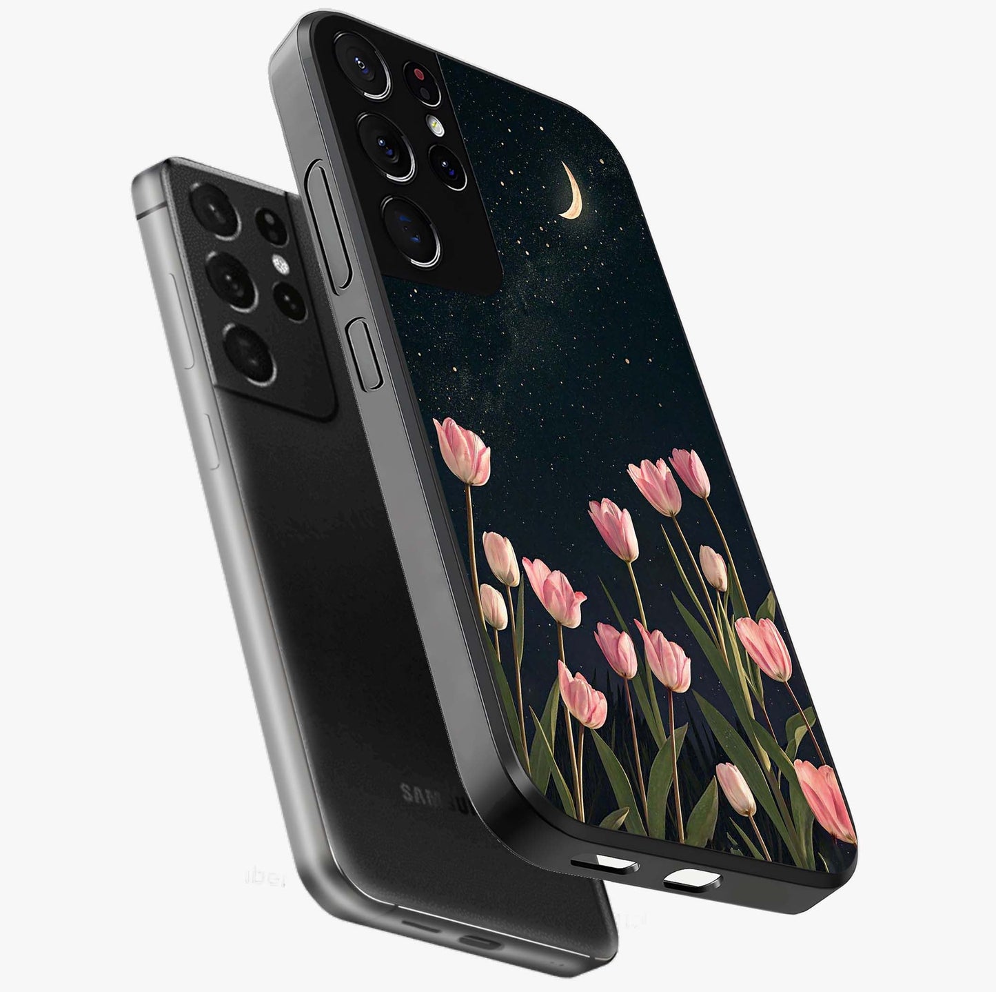 Midnight Tulip Whispers Vibe Glass Case displayed in angled mockup highlighting delicate tulip design with midnight floral aesthetic.