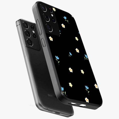 Minimal Petal Whispers Glass Case displayed in angled mockup highlighting delicate petal design with clean minimal aesthetic.