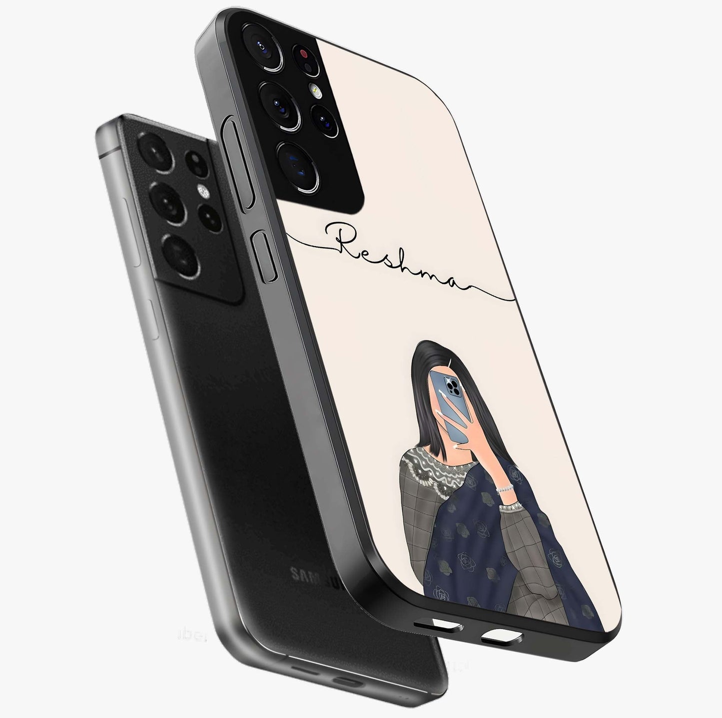 Mirror Mood Muse With Custom Name Glass Case displayed in angled mockup highlighting aesthetic mirror inspired design with custom name feature.