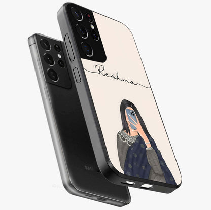 Mirror Mood Muse With Custom Name Glass Case displayed in angled mockup highlighting aesthetic mirror inspired design with custom name feature.
