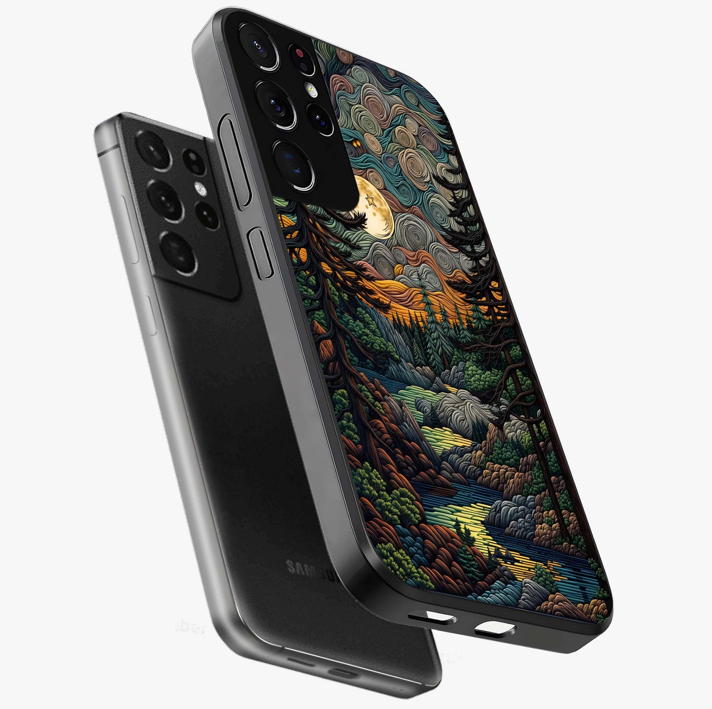 Moonlight Forest Dream Glass Case displayed in angled mockup highlighting dreamy forest design with glowing moon aesthetic.