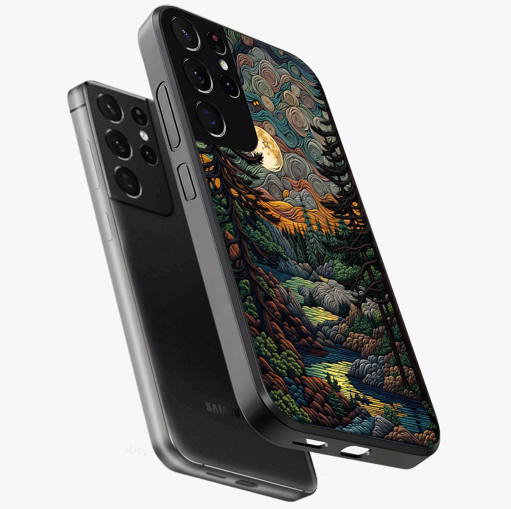 Moonlight Forest Dream Glass Case displayed in angled mockup highlighting dreamy forest design with glowing moon aesthetic.