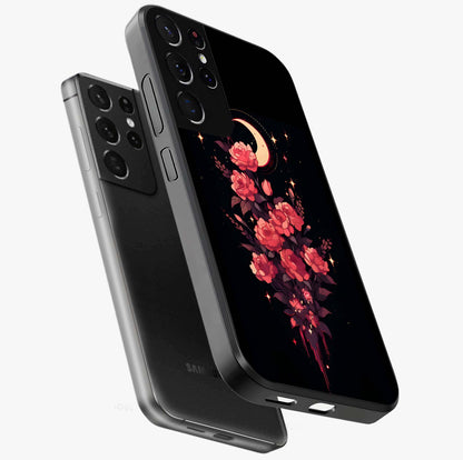 Moonlit Floral Elegance Glass Case displayed in angled mockup highlighting graceful flower design with soft moonlight aesthetic.