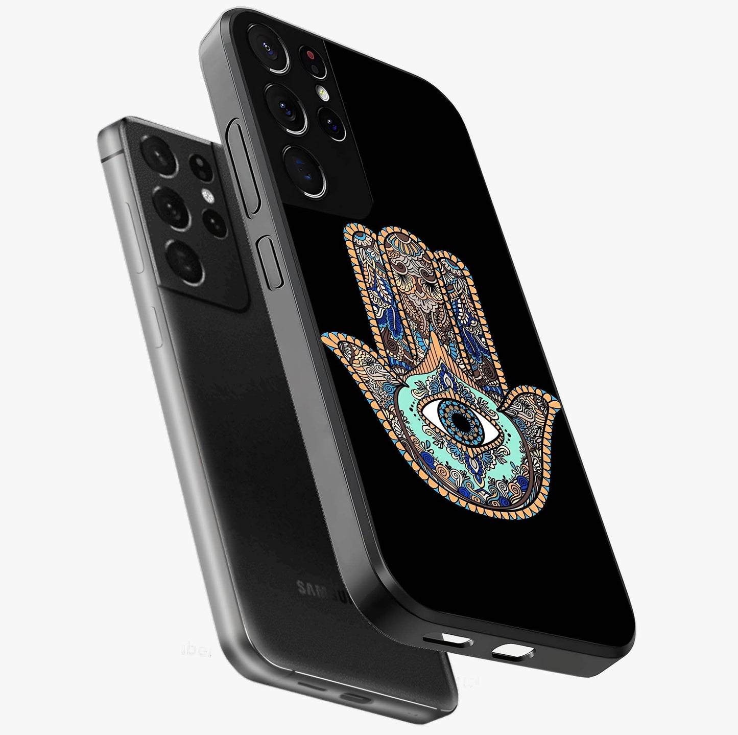 Mystic Hamsa Eye Glass Case displayed in angled mockup highlighting spiritual hamsa symbol with mystical aesthetic style.