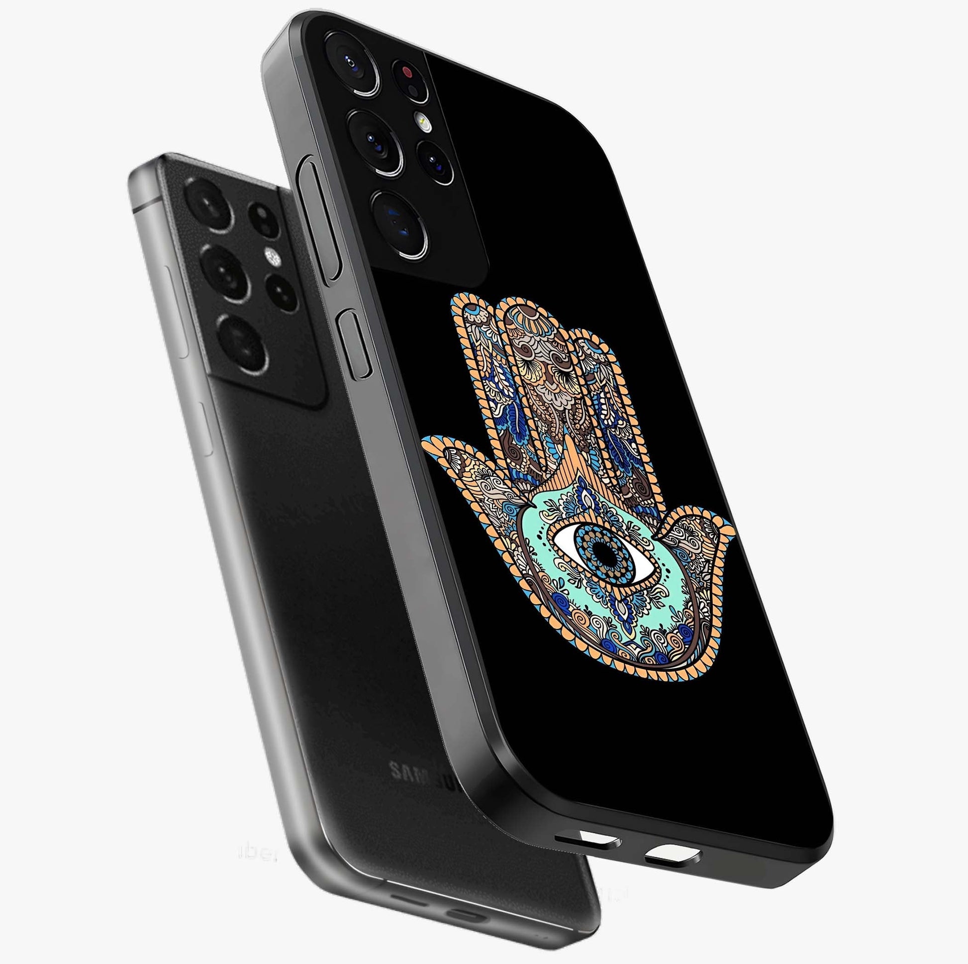 Mystic Hamsa Eye Glass Case displayed in angled mockup highlighting spiritual hamsa symbol with mystical aesthetic style.