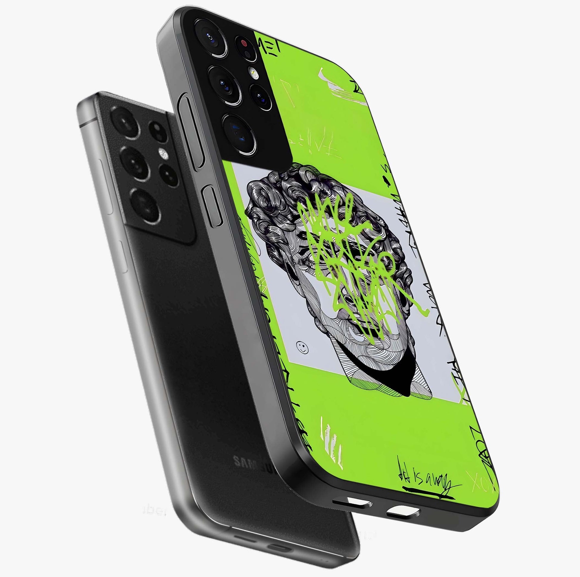 Neo Graffiti Rebellion Glass Case displayed in angled mockup highlighting urban street art design with rebellious aesthetic.