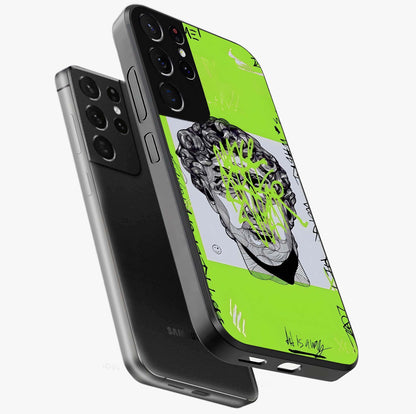 Neo Graffiti Rebellion Glass Case displayed in angled mockup highlighting urban street art design with rebellious aesthetic.