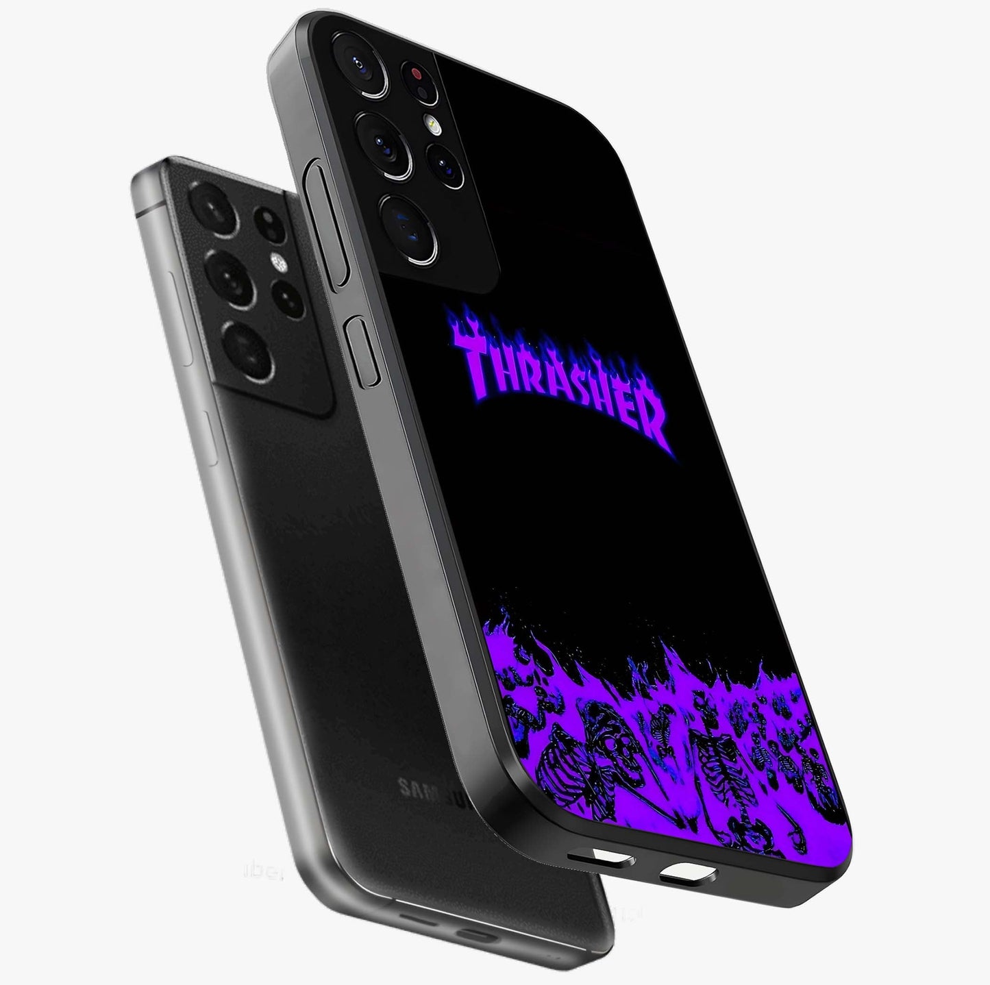 Neon Flame Riot Glass Case displayed in angled mockup highlighting glowing flame design with vibrant neon aesthetic.