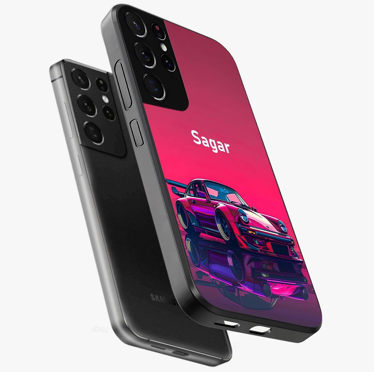 Neon Pink Porsche Glass Case displayed in angled mockup highlighting sleek neon pink car design with racing aesthetic.