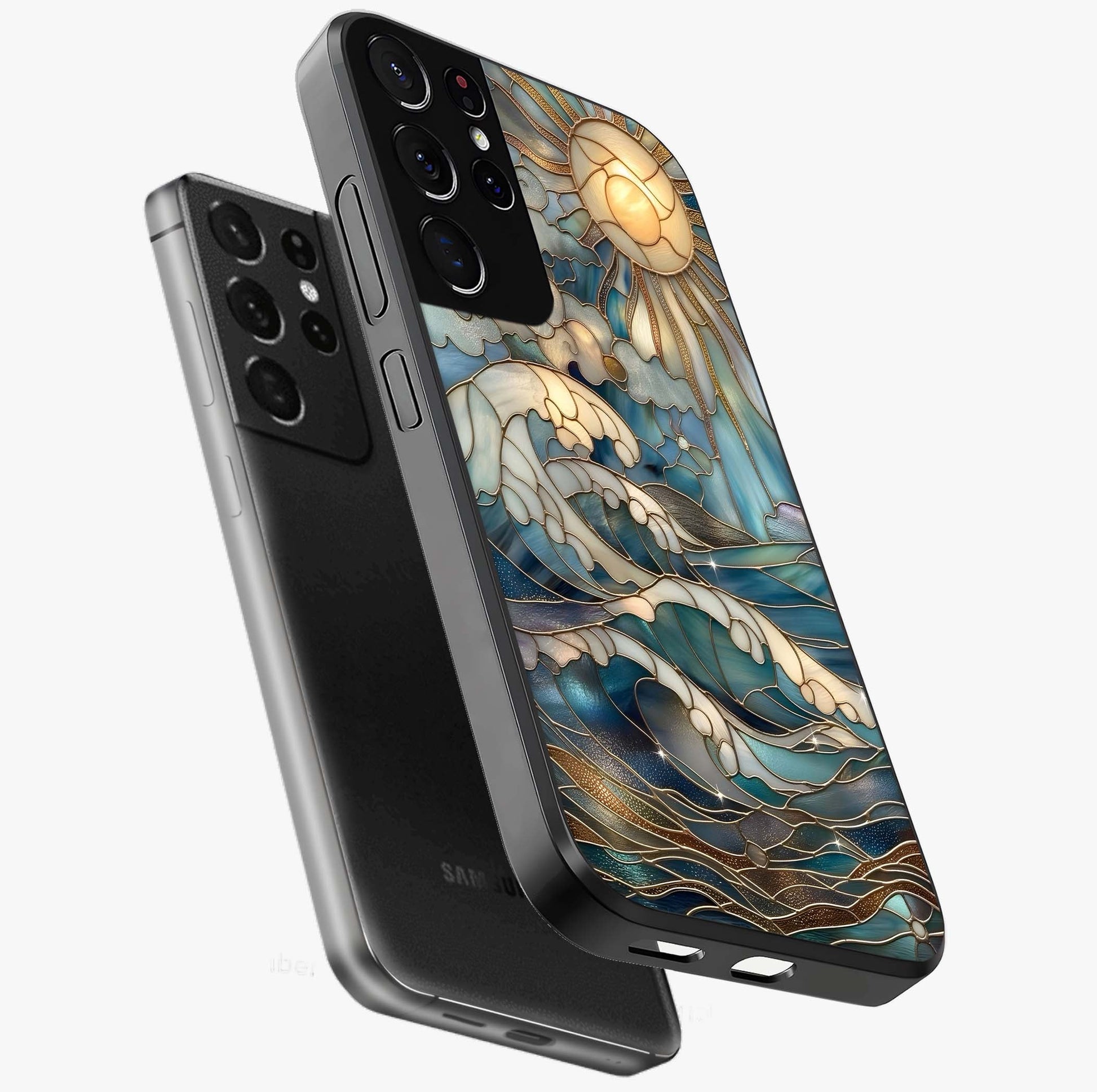 Oceanic Stained Printed Glass Case displayed in angled mockup highlighting colorful aquatic design with artistic aesthetic style.
